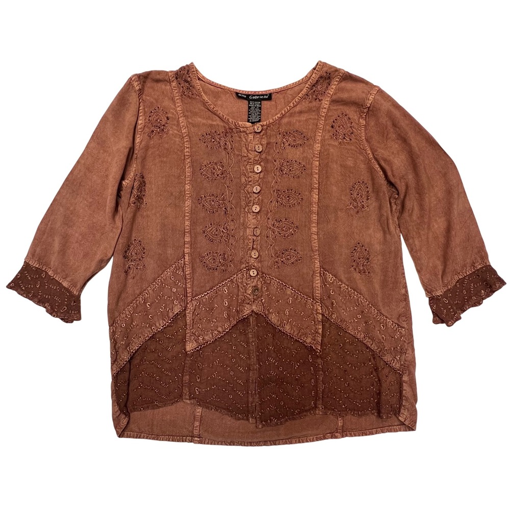 Mlle Gabrielle Brown Embroidered Bohemian Peasant Button Front Tunic Top Size 1X
